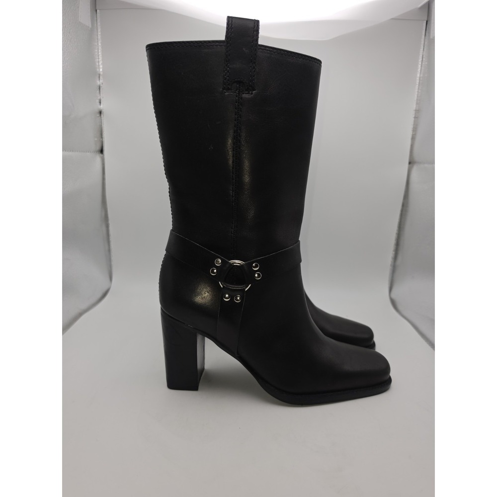 Apostrophe Vintage Black Leather Square Toe Mid-Calf Harness Boots Size 8 - Picture 1 of 12